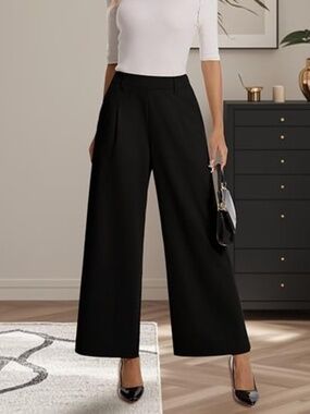 NWT AMZDORA Wide Leg Stretch Pull On High Waisted Trousers Black SZ XL